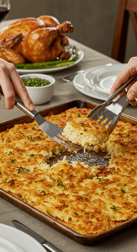 The sheet pan of finished, crispy mashed potatoes being served as a popular side dish at a family dinner.