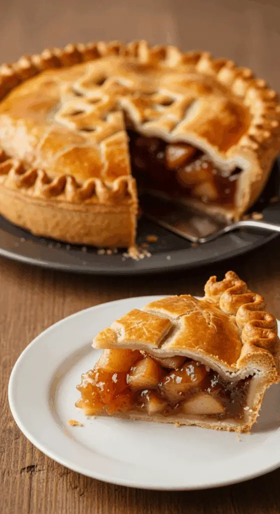 A beautiful, golden-brown homemade Spiced Apple and Pear Pie with a flaky crust and a perfect, tall slice removed.