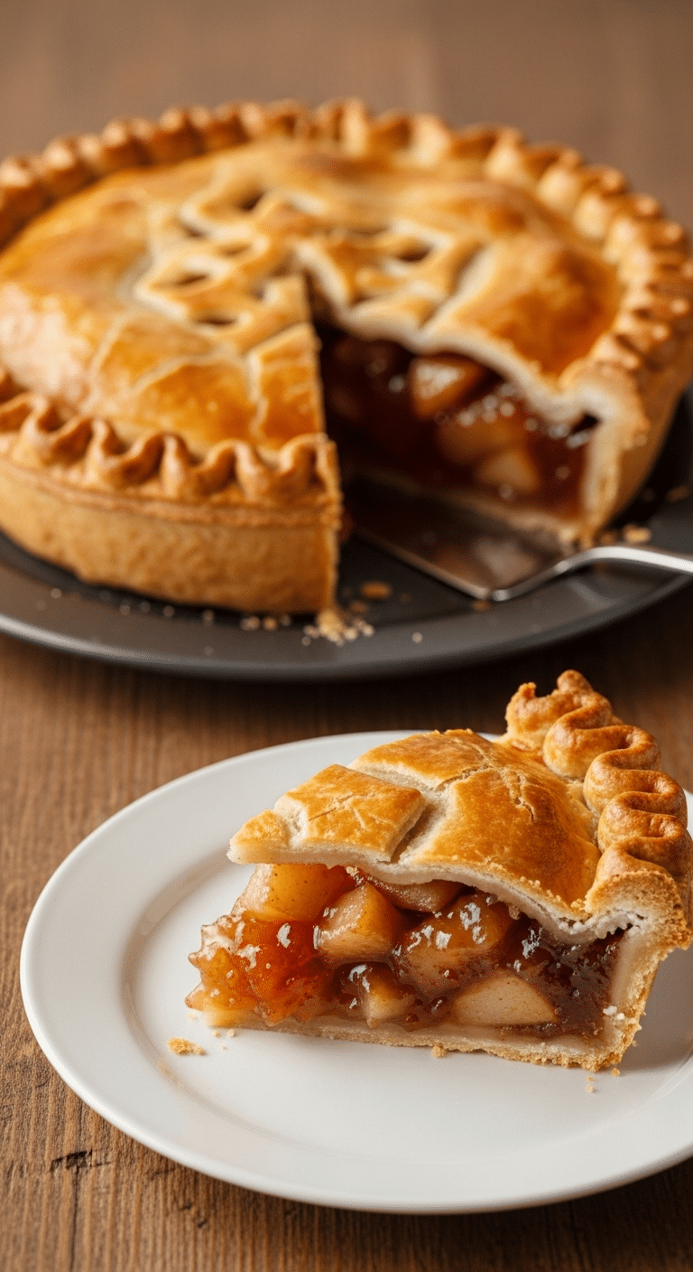 A beautiful, golden-brown homemade Spiced Apple and Pear Pie with a flaky crust and a perfect, tall slice removed.