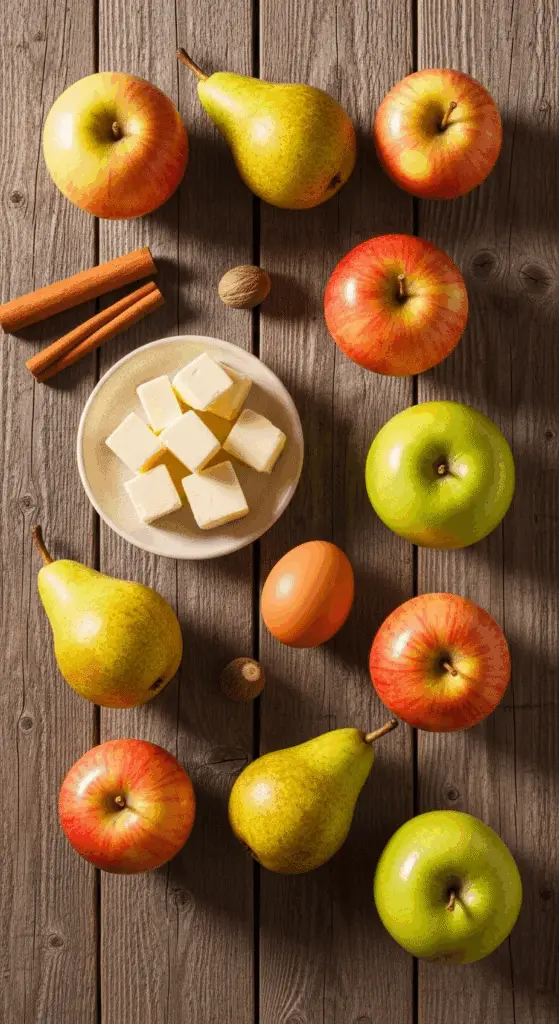 The fresh, from-scratch ingredients for the classic homemade Spiced Apple and Pear Pie recipe.