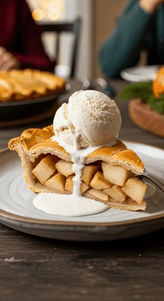 A perfect slice of warm, homemade Apple and Pear Pie served with a large scoop of melting vanilla ice cream at a holiday dinner.