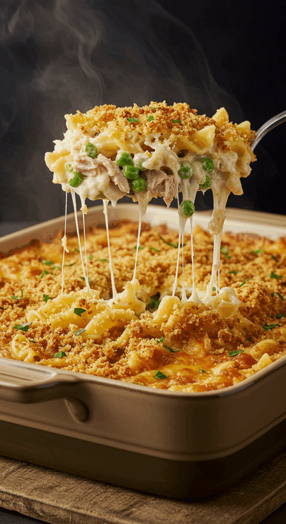 A beautiful, golden-brown baked Tuna Noodle Casserole with a creamy scoop being lifted out.