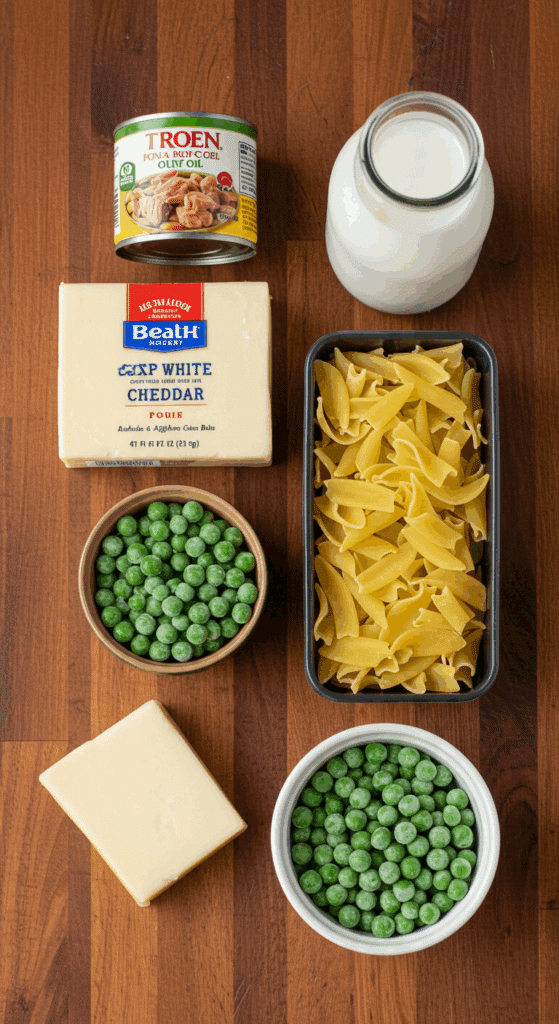 The classic, from-scratch ingredients for the homemade Tuna Noodle Casserole recipe.