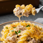 A warm, comforting scoop of homemade Tuna Noodle Casserole on a plate at a family dinner.