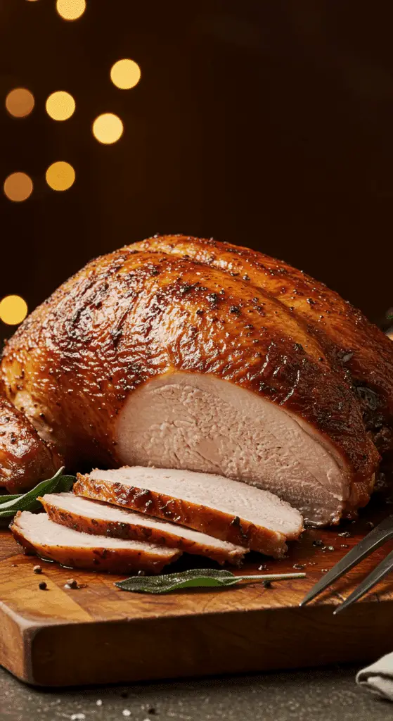 A stunning, perfectly roasted Thanksgiving turkey with a deep mahogany, crispy skin, a result of the perfect brine.