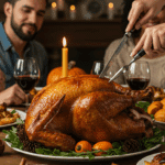 The beautiful, brined and roasted turkey as the centerpiece of a happy Thanksgiving dinner table.