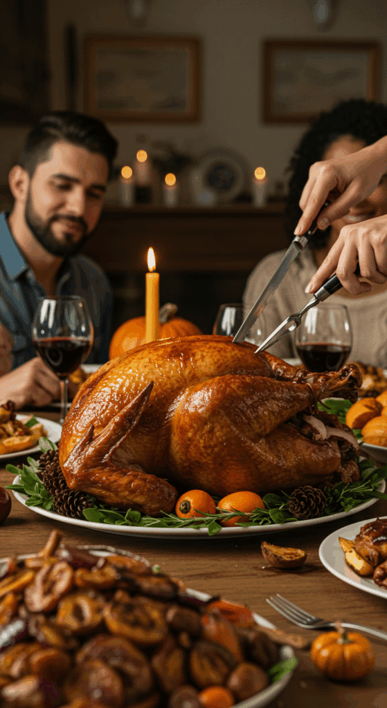 The beautiful, brined and roasted turkey as the centerpiece of a happy Thanksgiving dinner table.