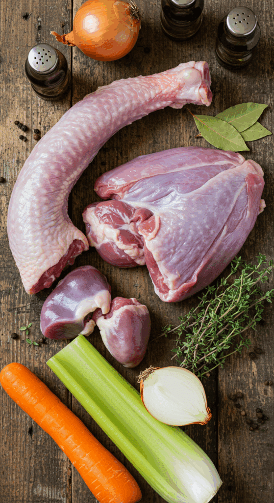 The fresh, from-scratch ingredients for making a rich, homemade turkey broth for gravy.