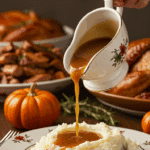 A hand pouring a generous amount of homemade Thanksgiving Gravy over mashed potatoes at a festive dinner.