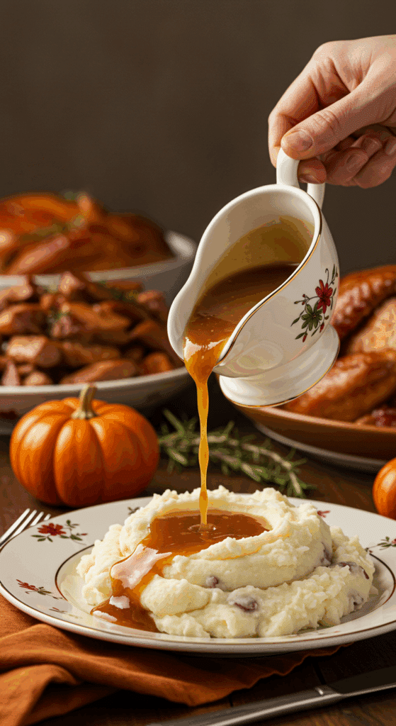 A hand pouring a generous amount of homemade Thanksgiving Gravy over mashed potatoes at a festive dinner.