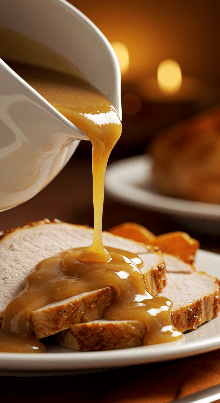 A beautiful gravy boat pouring rich, dark brown, homemade Turkey Gravy onto slices of roasted turkey.