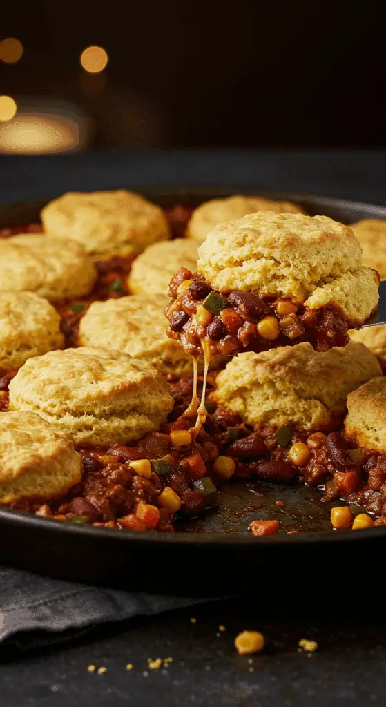 A beautiful, golden-brown, homemade one-pan Roasted Vegetable Chili with a fluffy, cheesy cornbread biscuit topping.