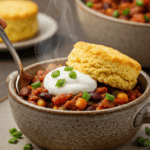 A cozy bowl of homemade Roasted Vegetable Chili with a large, cheesy cornbread biscuit on top, being served for a family dinner.