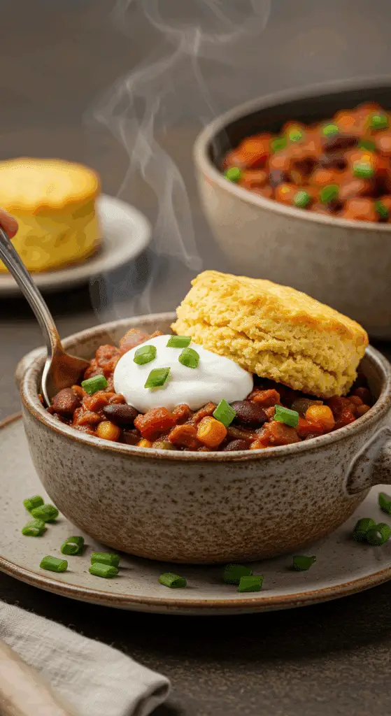 A cozy bowl of homemade Roasted Vegetable Chili with a large, cheesy cornbread biscuit on top, being served for a family dinner.