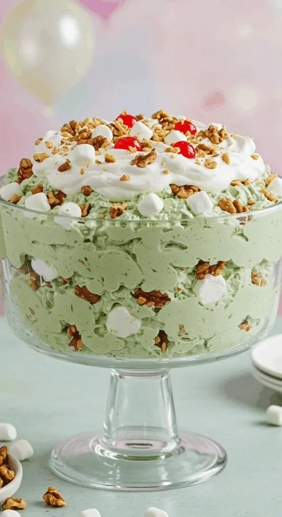 A beautiful, large glass bowl of fluffy, pale green, homemade Watergate Salad (Pistachio Fluff) with a whipped cream and cherry topping.