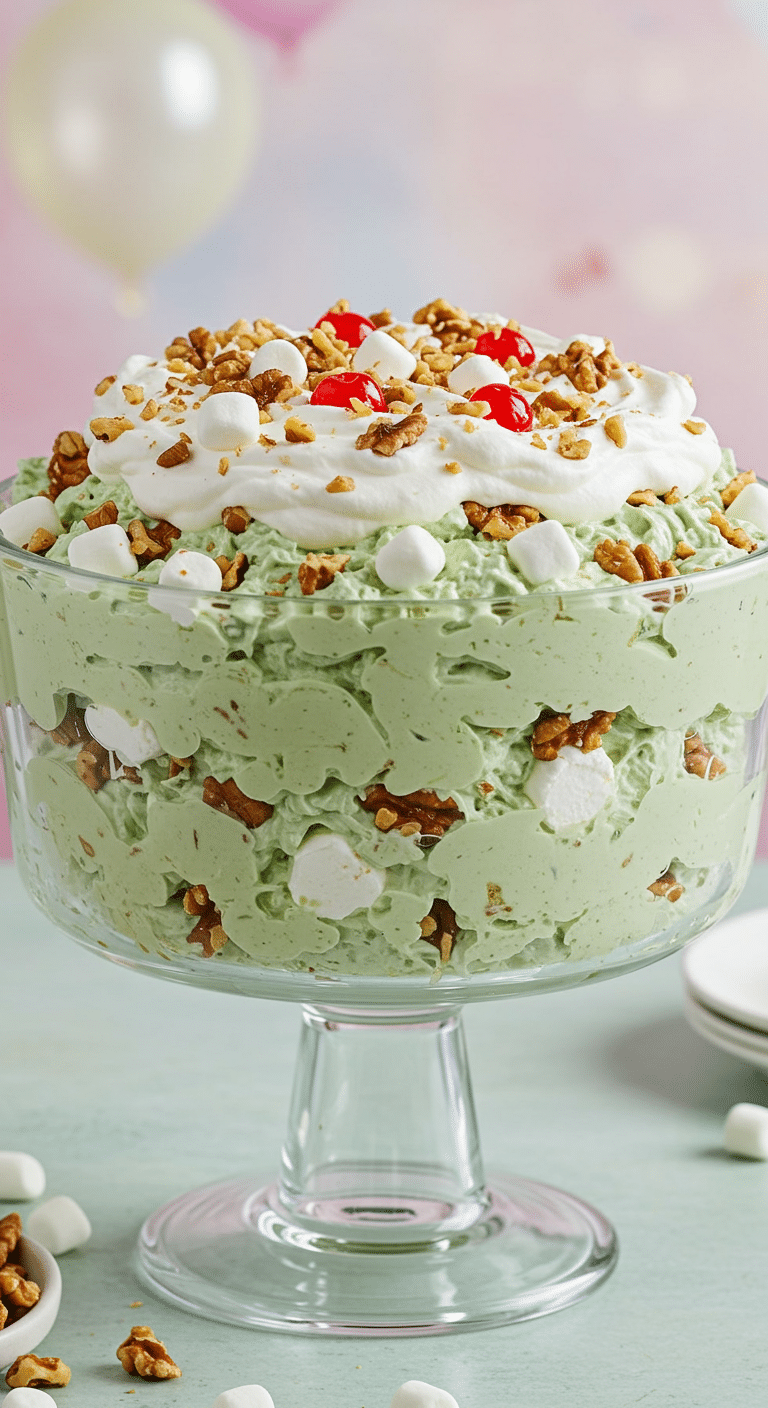 A beautiful, large glass bowl of fluffy, pale green, homemade Watergate Salad (Pistachio Fluff) with a whipped cream and cherry topping.