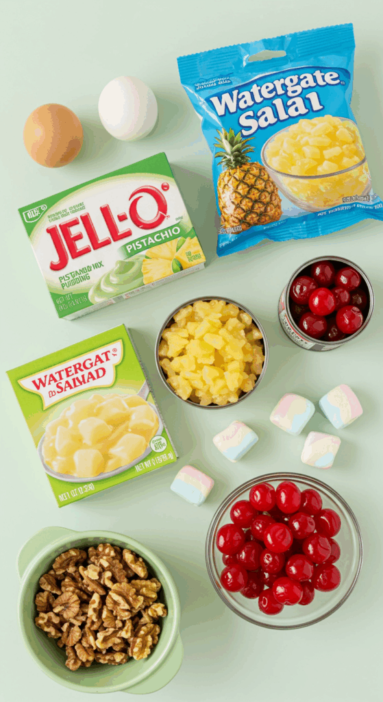 The simple, classic, and fun ingredients for the easy, no-bake Watergate Salad recipe.