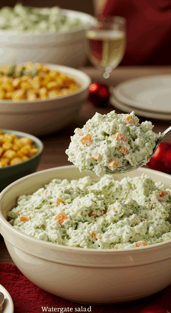 A delicious scoop of homemade Watergate Salad being served from a bowl at a happy family potluck.