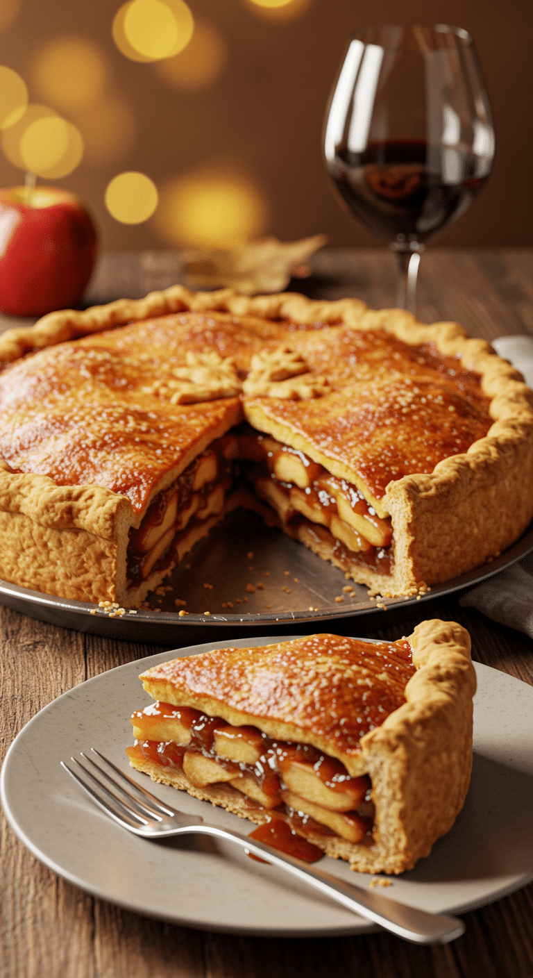 A beautiful, golden-brown homemade Caramel Apple Pie with a flaky crust and a perfect, tall, layered slice removed.