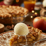 A perfect slice of homemade Caramel Apple Pie served with a large scoop of melting vanilla ice cream at a holiday dinner.