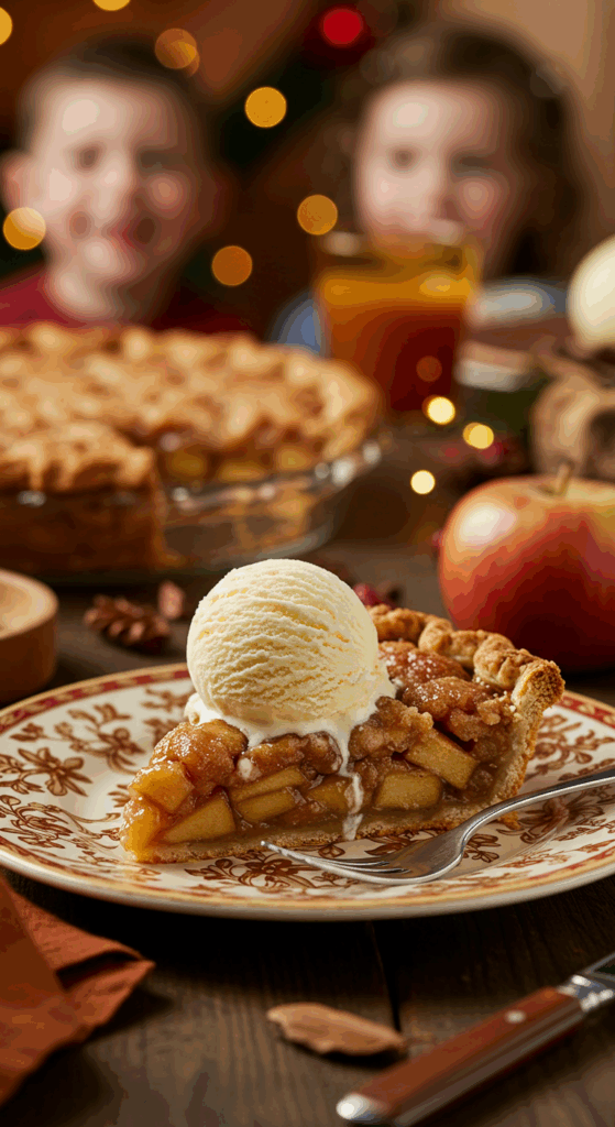 A perfect slice of homemade Caramel Apple Pie served with a large scoop of melting vanilla ice cream at a holiday dinner.