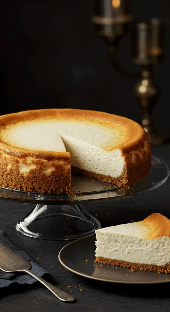A beautiful, perfect, and flawless homemade New York-style cheesecake on a cake stand with a perfect slice removed.