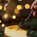 An elegant slice of perfect, homemade cheesecake being served as dessert at a festive holiday dinner party.