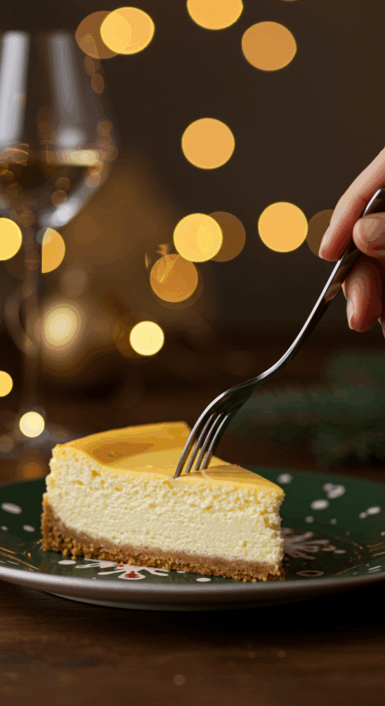 An elegant slice of perfect, homemade cheesecake being served as dessert at a festive holiday dinner party.