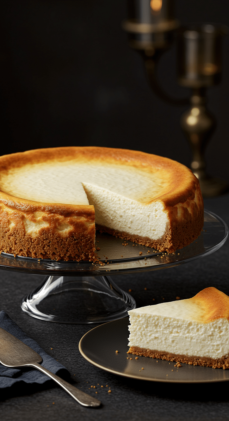A beautiful, perfect, and flawless homemade New York-style cheesecake on a cake stand with a perfect slice removed.