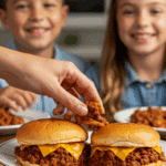 A hand taking a messy, delicious homemade Sloppy Joe from a platter at a family dinner.