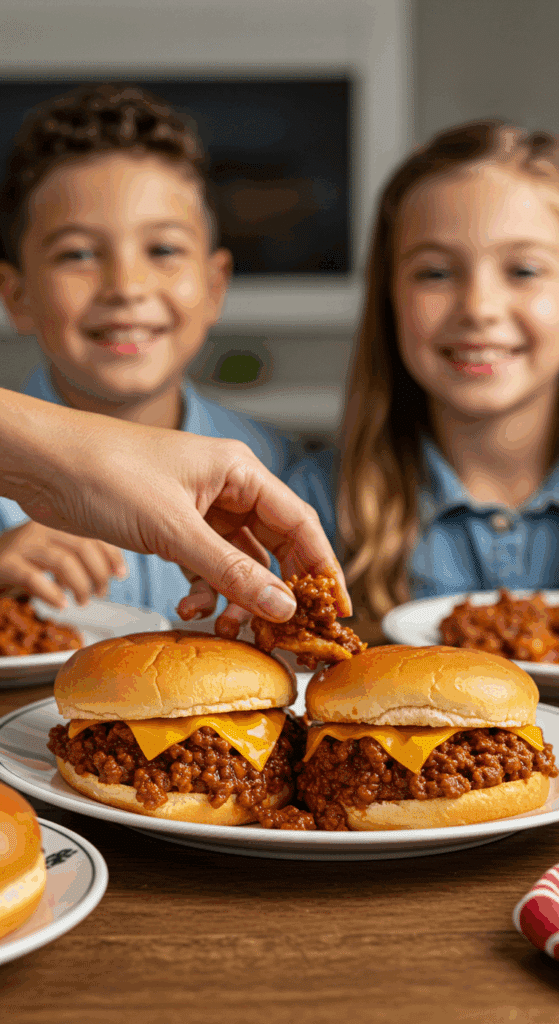 A hand taking a messy, delicious homemade Sloppy Joe from a platter at a family dinner.