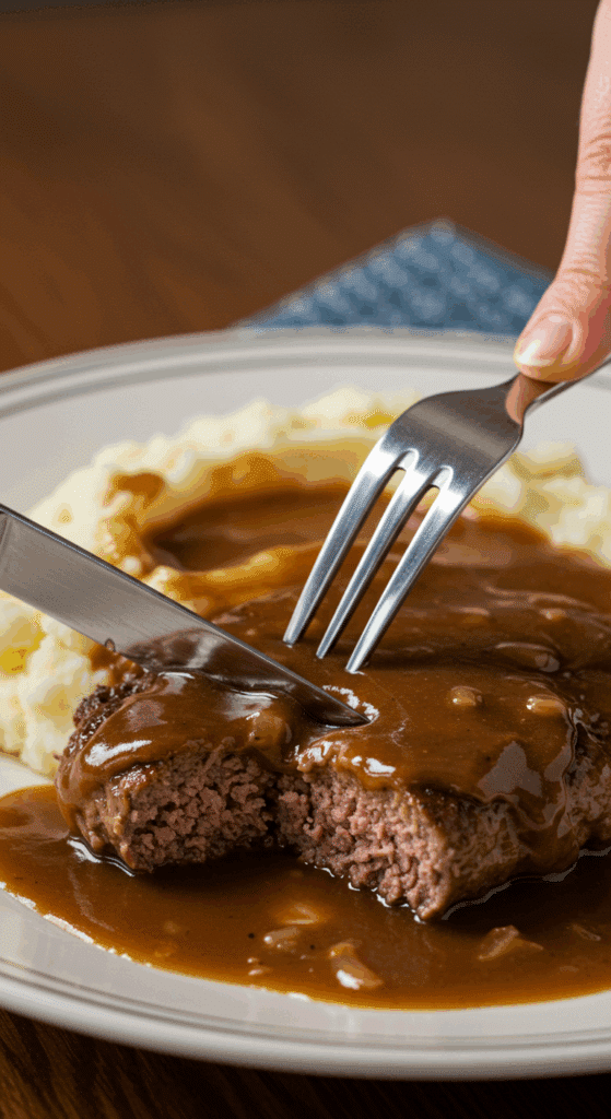 A fork cutting into a tender slice of Salisbury Steak with mushroom gravy and mashed potatoes.