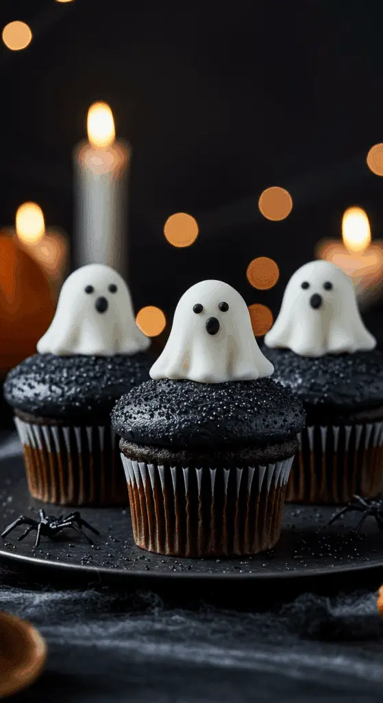 A beautiful, rustic platter of homemade, spooky, and adorable Ghost Cupcakes, with a dark black cocoa cupcake and a 3D, white frosting ghost on top.