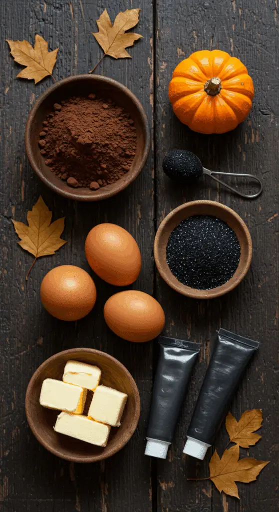 The simple, from-scratch ingredients for the easy and spooky Black Cocoa Ghost Cupcakes recipe.