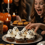 A large platter of homemade, spooky, and adorable Ghost Cupcakes being served at a fun and casual Halloween party.