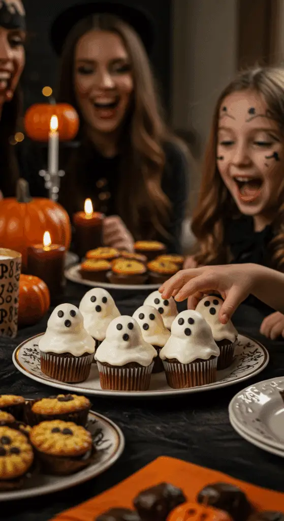 A large platter of homemade, spooky, and adorable Ghost Cupcakes being served at a fun and casual Halloween party.