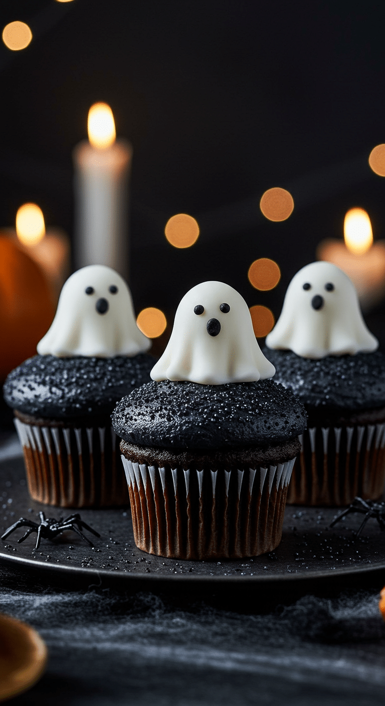 A beautiful, rustic platter of homemade, spooky, and adorable Ghost Cupcakes, with a dark black cocoa cupcake and a 3D, white frosting ghost on top.
