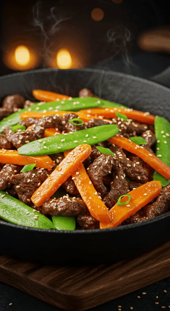 A beautiful, rustic skillet of homemade, authentic Beef Bulgogi, with tender, caramelized slices of beef and vibrant, crisp-tender vegetables.