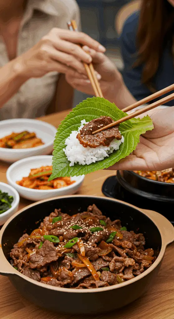 The finished bowl of homemade Beef Bulgogi being served and made into a "ssam" lettuce wrap at a fun and casual Korean BBQ dinner.