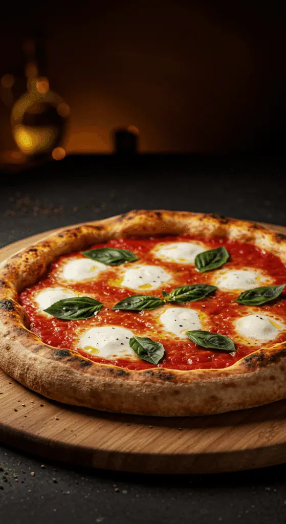 A beautiful, rustic, homemade, authentic Margherita Pizza with a charred, bubbly crust, fresh mozzarella, and vibrant basil.