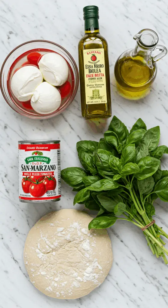 The simple, fresh, and high-quality ingredients for the classic and authentic Margherita Pizza recipe.