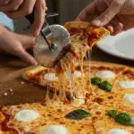 The finished, homemade Margherita Pizza being sliced and served at a fun and casual family pizza night.