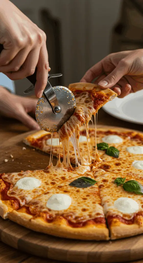The finished, homemade Margherita Pizza being sliced and served at a fun and casual family pizza night.