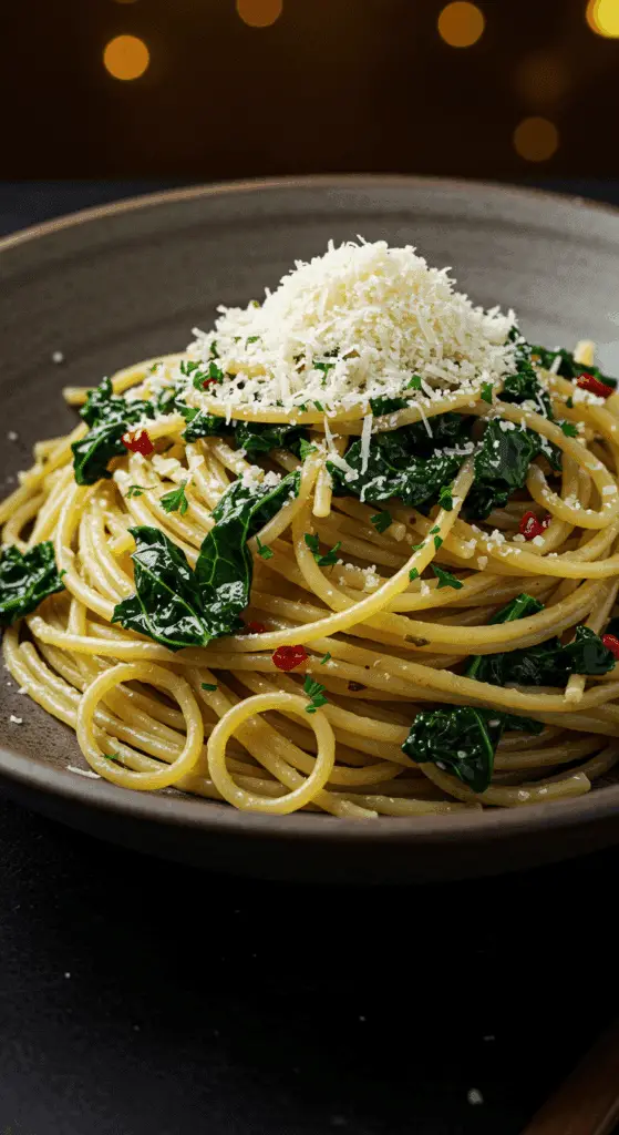 A beautiful, rustic bowl of homemade, authentic Spaghetti Aglio e Olio, glistening with a silky garlic and oil sauce and tossed with fresh kale.