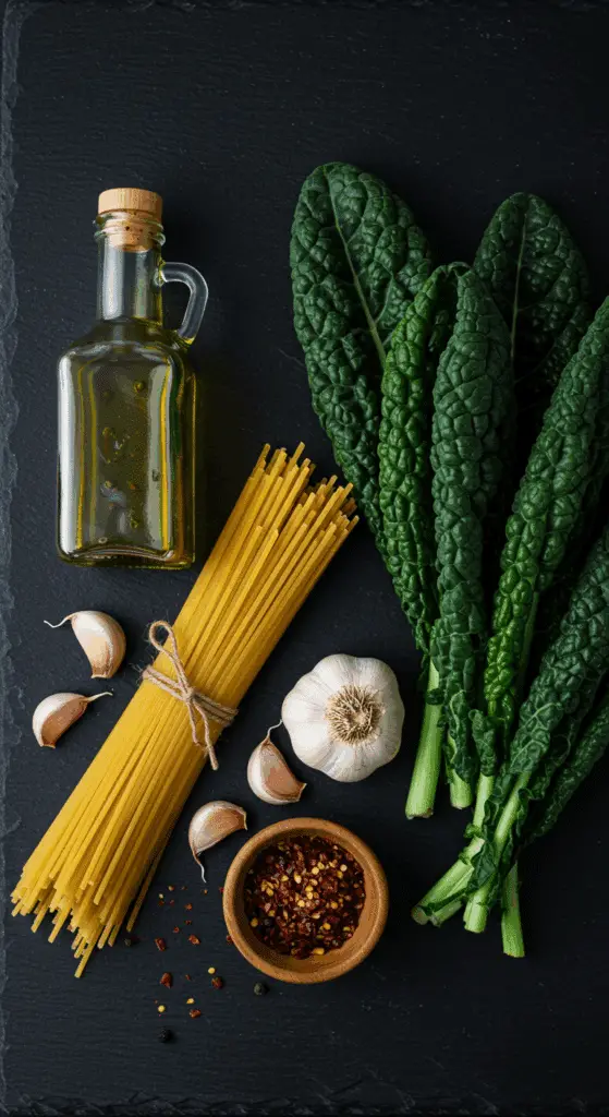 The simple, high-quality, from-scratch ingredients for the classic and authentic Spaghetti Aglio e Olio recipe.