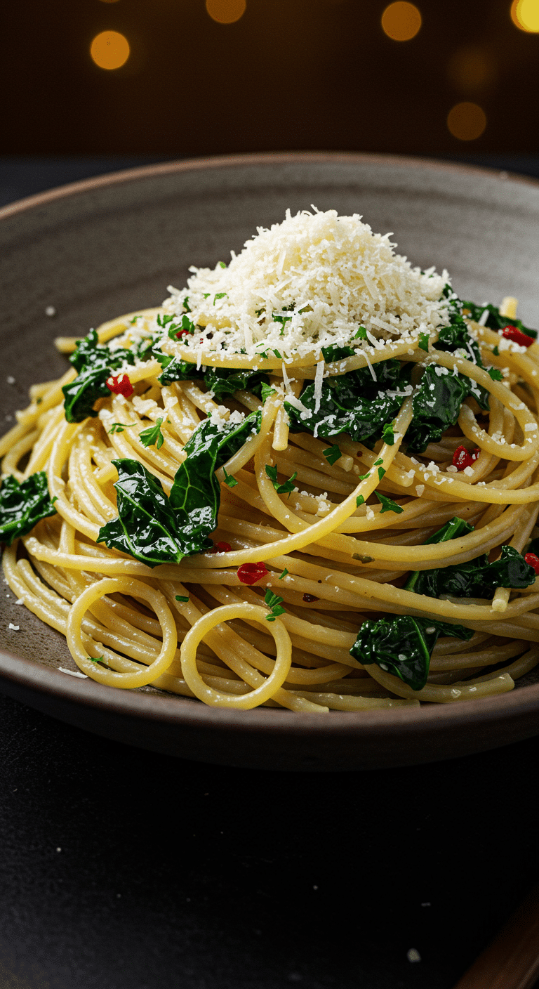 A beautiful, rustic bowl of homemade, authentic Spaghetti Aglio e Olio, glistening with a silky garlic and oil sauce and tossed with fresh kale.