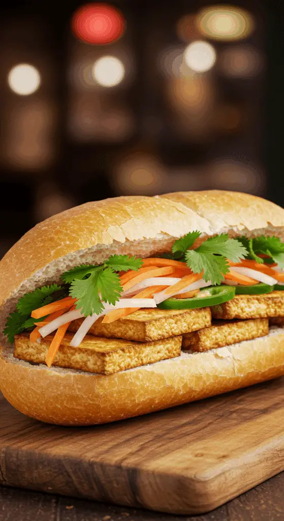 A beautiful, overflowing, homemade, authentic Tofu Banh Mi sandwich with seared tofu, pickled vegetables, and fresh cilantro.