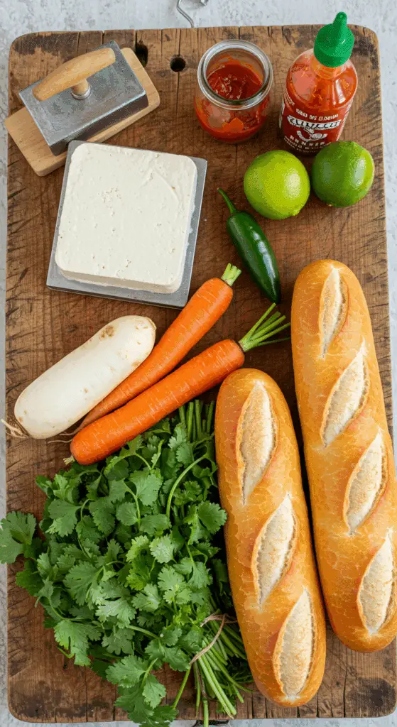 The fresh, from-scratch ingredients for the classic and authentic vegetarian Tofu Banh Mi recipe.
