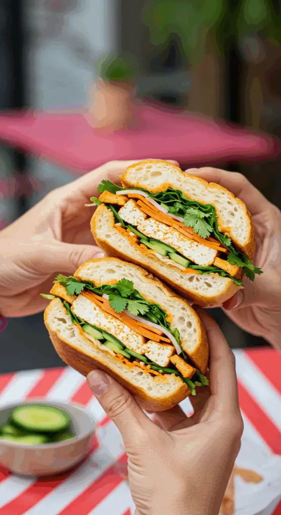A hand holding a large, delicious, and overflowing homemade Tofu Banh Mi sandwich, about to take a bite.
