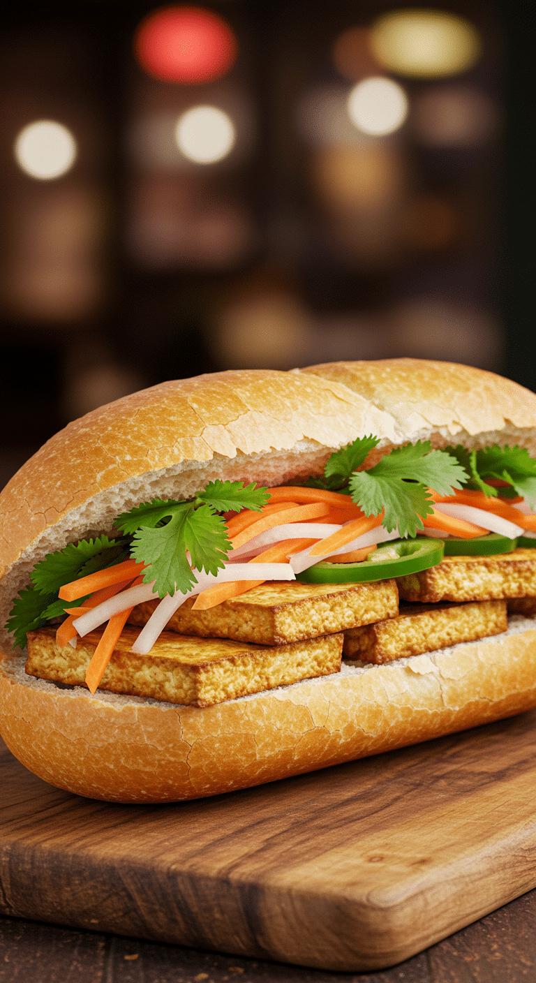 A beautiful, overflowing, homemade, authentic Tofu Banh Mi sandwich with seared tofu, pickled vegetables, and fresh cilantro.